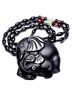 Black obsidian beaded necklace with carved pendant | mother elephant and a baby